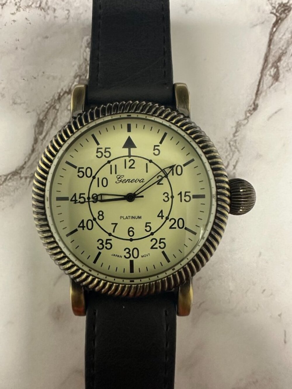 Geneva Watch Men Brass Tone Black Faux Leather Band 47MM Dial New Battery